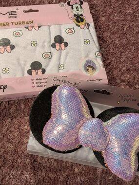 Disney Minnie Mouse Sequin Ear Headband  Pink/Purple And Microfiber Turban NEW